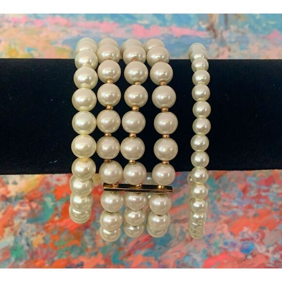 Vintage Blue cabochon and Pearl Stretch bracelets - Set of 3, Unmarked - Picture 2 of 3